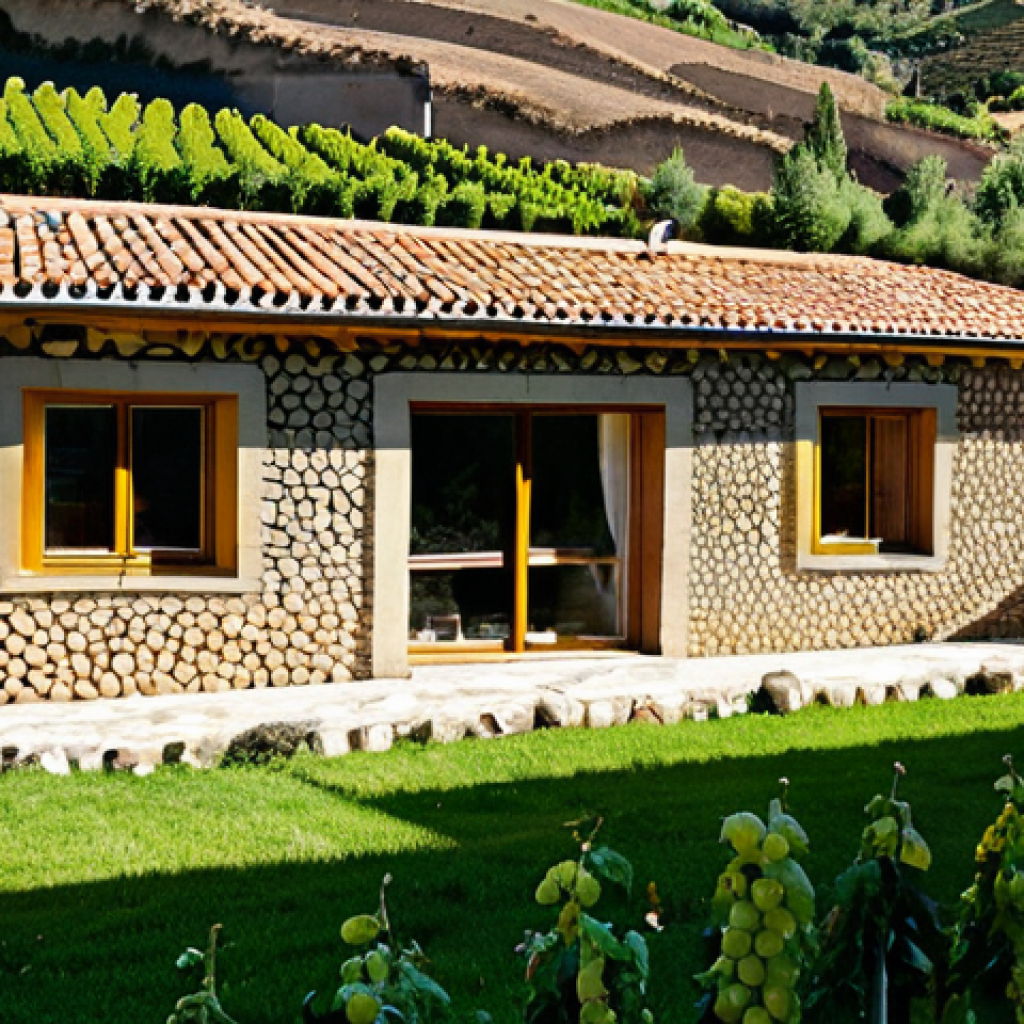 Bioclimatic Country House**

"A charming, light-filled bioclimatic country house in the Douro Valley, Portugal, constructed of local stone and traditional clay tiles. Large windows face south, shaded by brise-soleil. Lush surrounding landscape with grape vines. Rainwater harvesting system visible.  Fully clothed people working in the garden. Safe for work, appropriate content, family-friendly, perfect anatomy, natural proportions, architectural photography, high quality, professional."

**