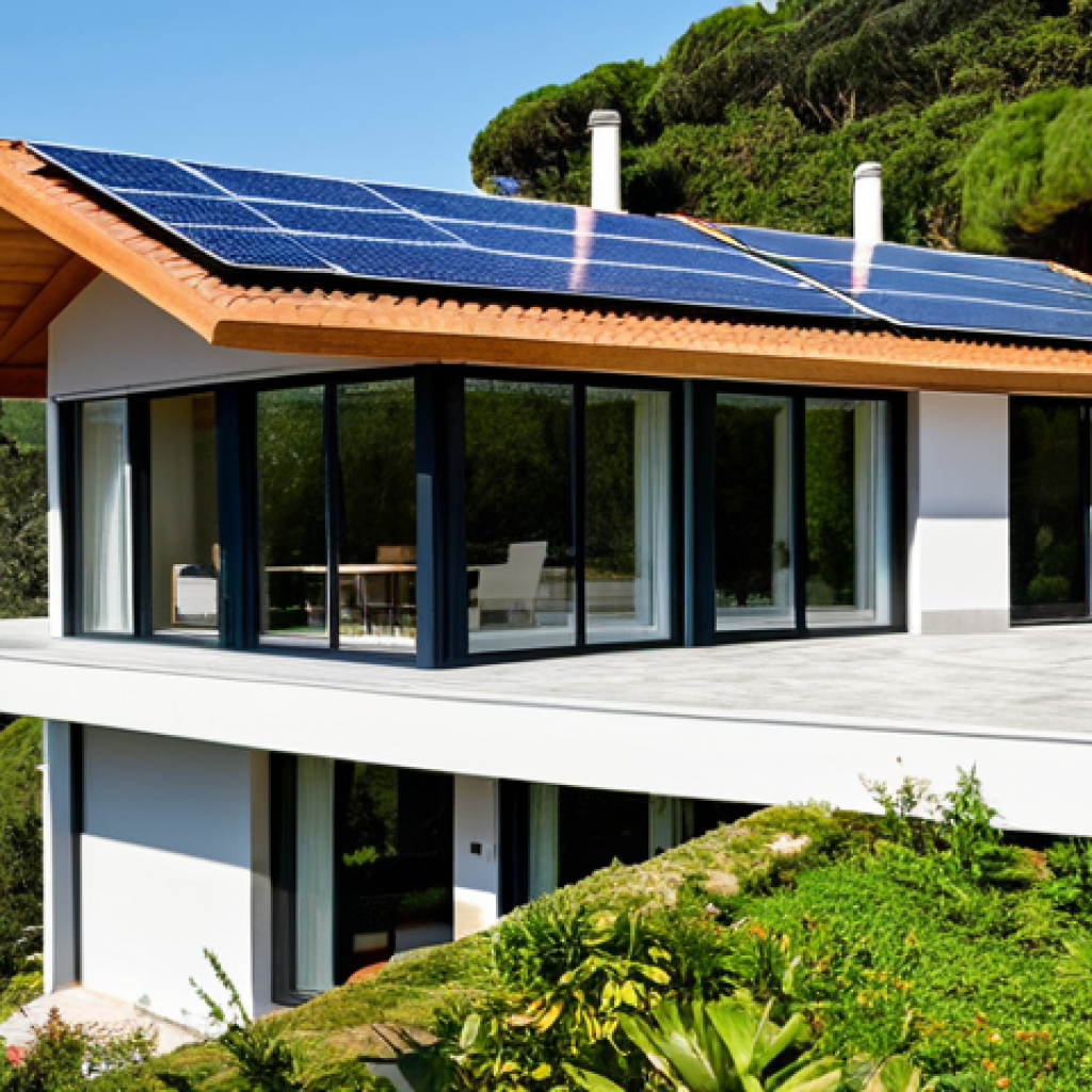 Positive Energy Building**

"A modern, eco-friendly house in Sintra, Portugal, showcasing solar panels on the roof, surrounded by lush greenery, fully clothed people admiring the architecture, appropriate attire, safe for work, perfect anatomy, correct proportions, natural pose, well-formed hands, proper finger count, natural body proportions, daytime, professional architecture photography, high quality, modest design."

**