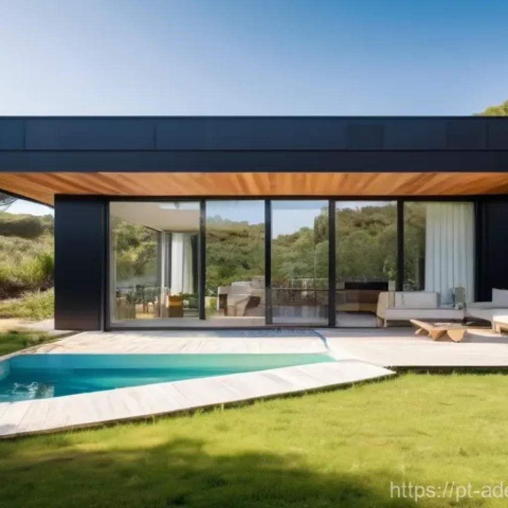 에너지 포지티브 건축과 기술 혁신의 미래 - A vibrant, modern single-family home in a sunny Portuguese landscape, designed with positive energy ...