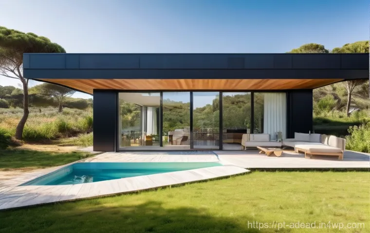 에너지 포지티브 건축과 기술 혁신의 미래 - A vibrant, modern single-family home in a sunny Portuguese landscape, designed with positive energy ...