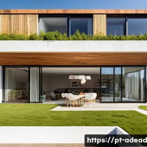 Home 26 에너지 포지티브 건축과 환경 정책의 미래 - **A modern, energy-positive residential building in a sunny, vibrant setting characteristic of Portu...