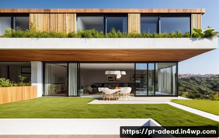 에너지 포지티브 건축과 환경 정책의 미래 - **A modern, energy-positive residential building in a sunny, vibrant setting characteristic of Portu...