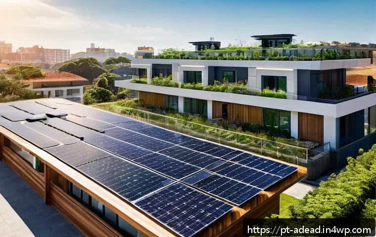 에너지 포지티브 건축의 인식 증진 전략 - A modern Brazilian residential building rooftop featuring an array of sleek photovoltaic solar panel...