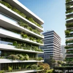 미래 에너지 포지티브 건축의 필요성 - A modern urban residential building featuring integrated high-efficiency solar panels seamlessly inc...