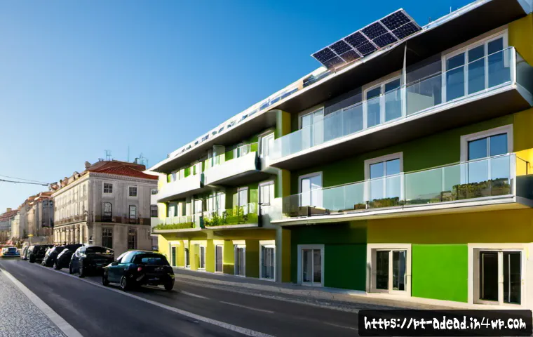 Home 17 에너지 포지티브 건축과 환경 정책 - Photorealistic wide-angle view of a modern energy-positive apartment building in Lisbon, Portugal, c...