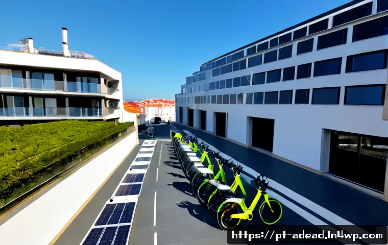 에너지 포지티브 건축과 정책 입안의 의의 - Photorealistic wide-angle view of a modern energy-positive apartment building in a sunny Portuguese ...