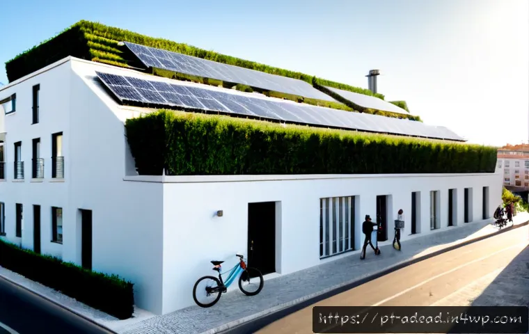 에너지 포지티브 건축과 지속 가능한 개발 - Photorealistic wide-angle view of a modern energy-positive apartment building in Lisbon, Portugal, w...