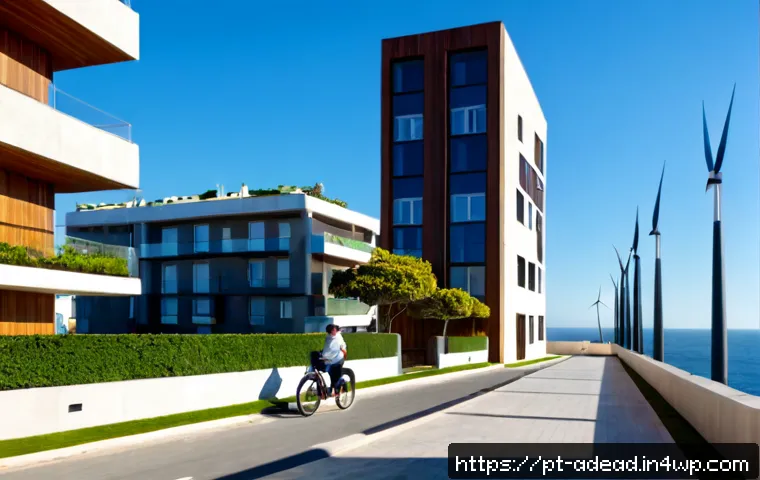 Home 17 에너지 포지티브 건축의 미래 지향적 디자인 - Photorealistic future-positive energy residential building in a sunny Portuguese coastal city, elega...